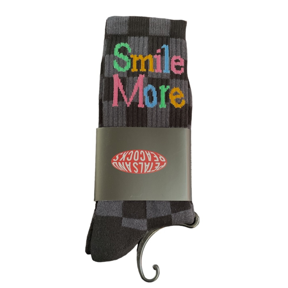 Petals and Peacocks Smile More Checkered Crew Socks Black Gray One Size